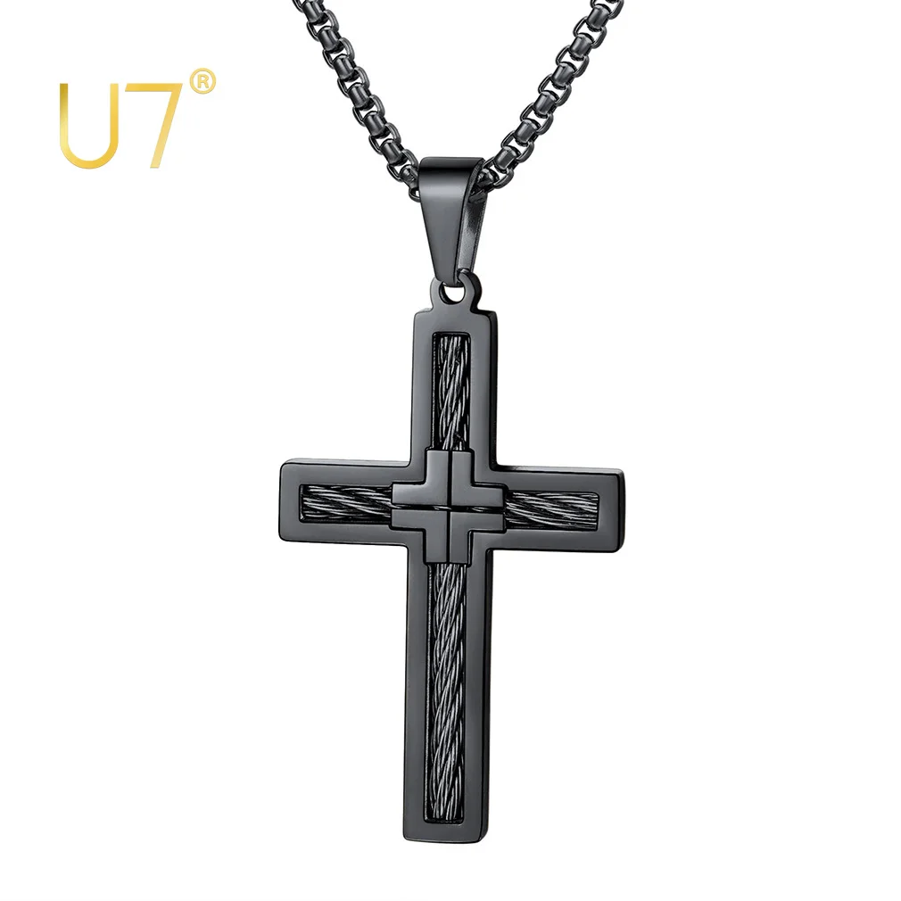 U7 Black Gold Color Stainless Steel Vintage Style Brainding Rope Pattern Cross Necklace for Man Woman Catholic Daily Jewelry