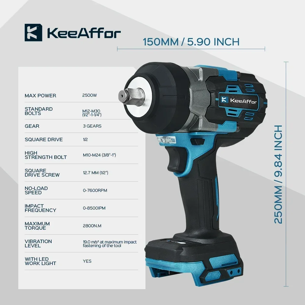 KEEAFFOR 2800N.M 2500W Brushless Electric Impact Wrench 1/2 Inch Cordless Electric Drill Power Tools For Makita 18V Battery