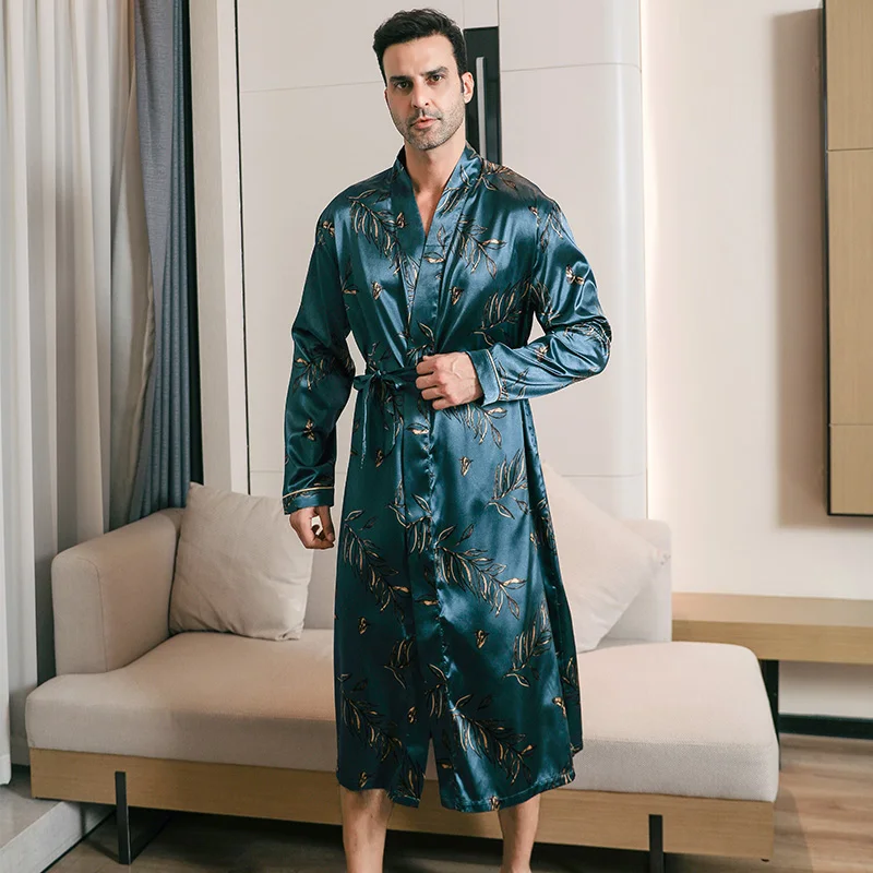 Pajama men\'s spring and autumn silk thin style oversized pajamas long sleeved bathrobes ice silk bathrobes home clothing summer