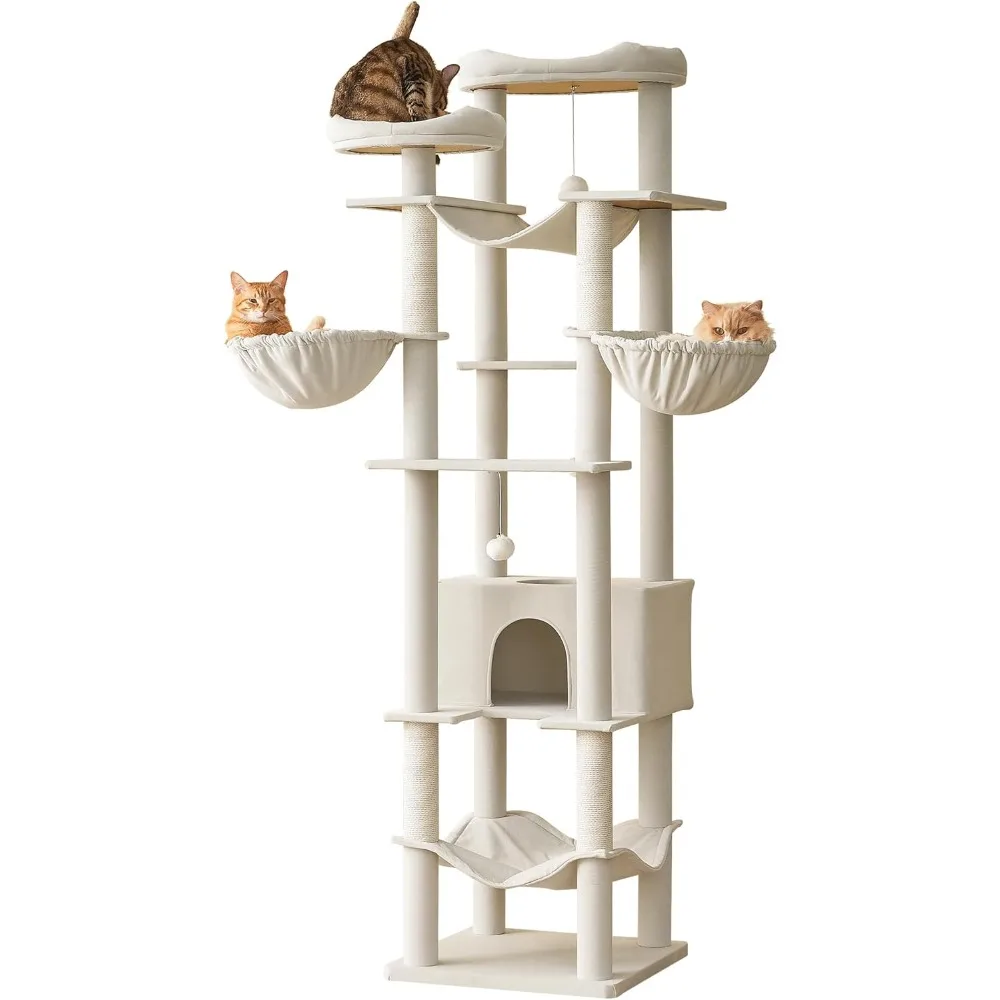 77-Inch Modern Tall Cat Tree for Indoor Cats, Multi-Level Large Cat Tower with 4 Hammocks, 2 Padded Perches, Large Cat Condo, Si