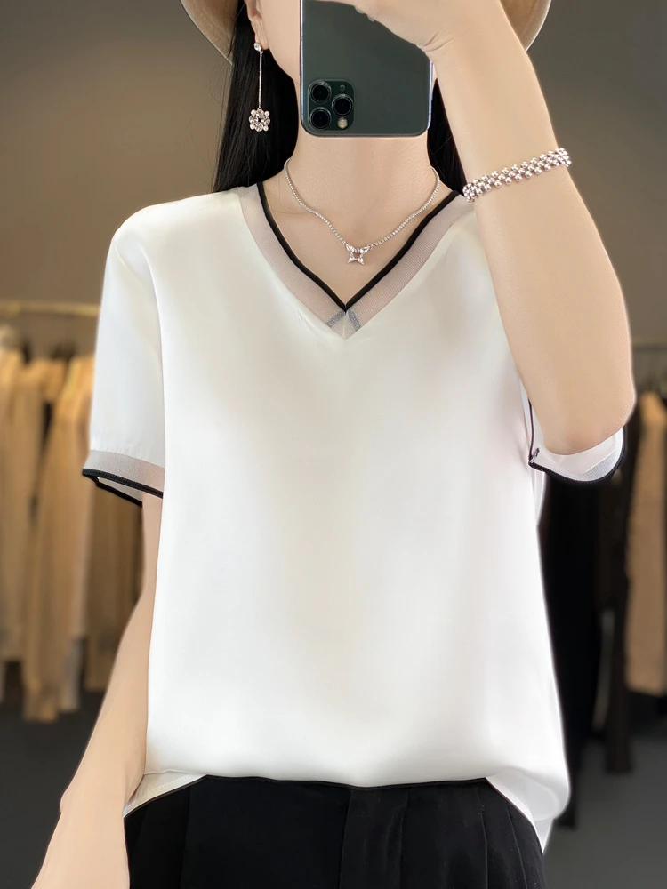 Women silk Oversized T- Shirt V Neck Casual satin Tees Summer Solid Champagne Loose T-Shirt Fashion New Style Elegant DiscountsT