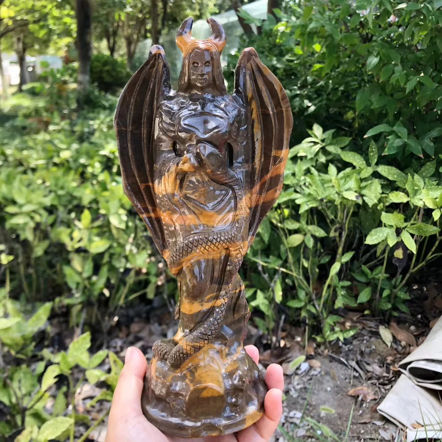 25cm Natural Jasper Demon Lucifer Figurine, Horned Winged Demon with Snake Stone Statue, Gothic Crystal Ornament Gift