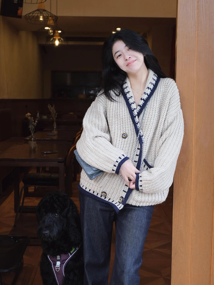 

Двубортный свитер в стиле ретро с воротником, женское осенне-зимнее вязаное пальто-сли и очень красивый вид