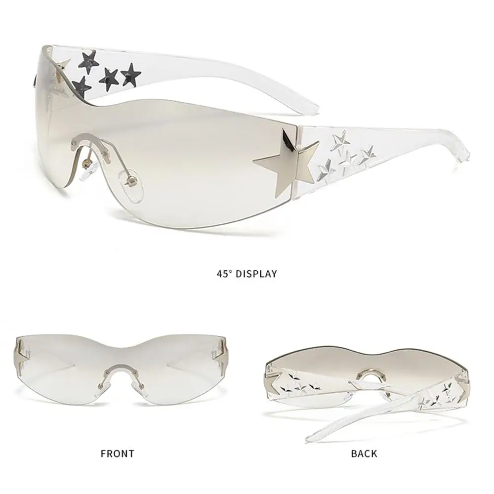 ผู้หญิงและผู้ชายแฟชั่น Shades UV400 ป้องกันแว่นตากันแดดสีดํา Rimless Y2K แว่นตากันแดดพันรอบดาวตกแต่งดวงอาทิตย์แว่นตา