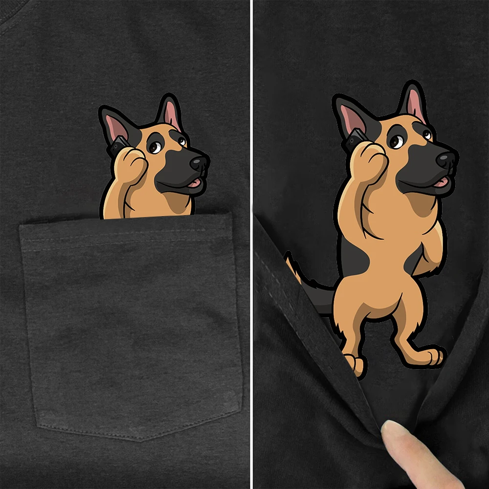 CLOOCL 100% Cotton T-shirts German Shepherd Calling Pocket Tees Black Summer Short Sleeve Hip Hop Tops Graphic Tee Woman Tshirts