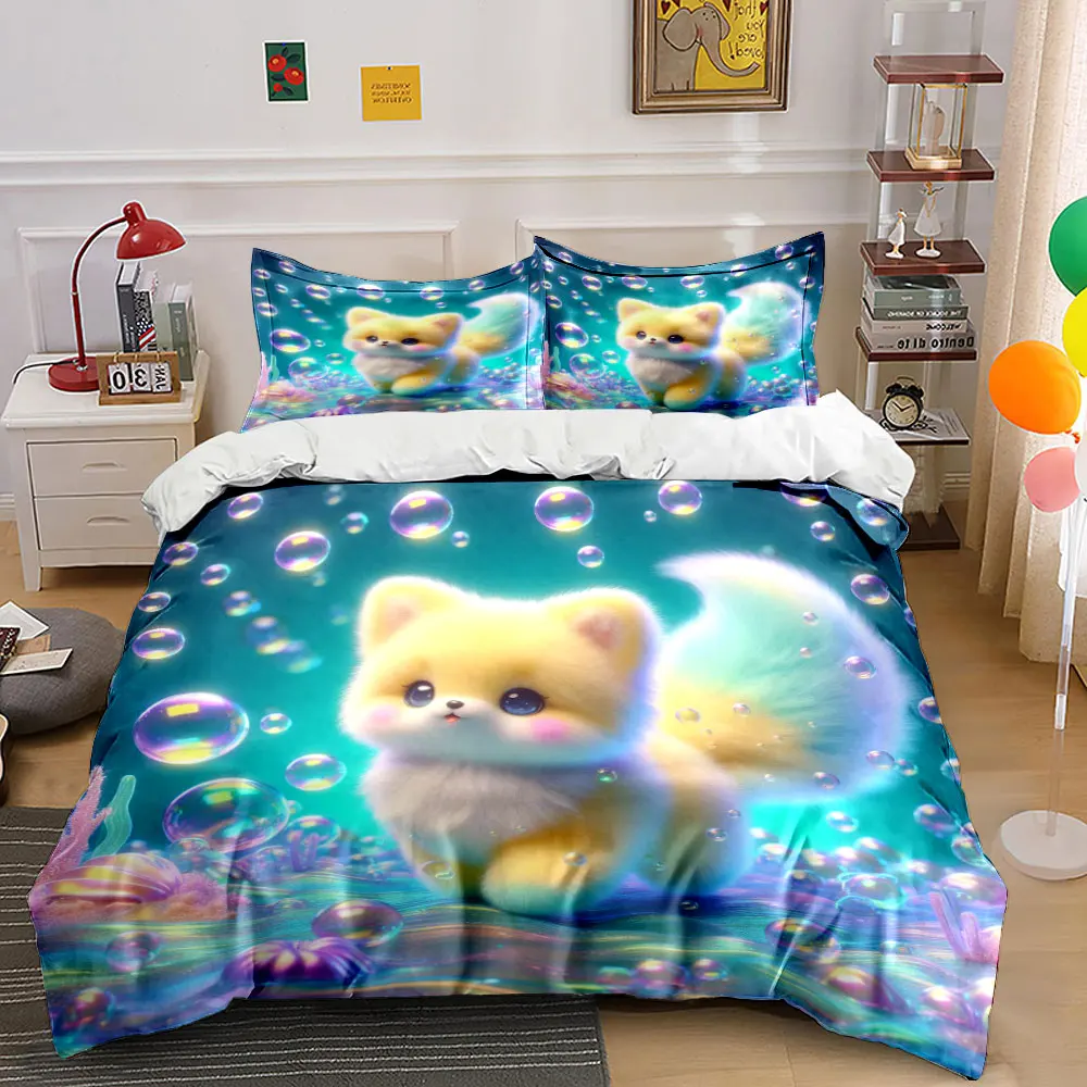 Cute Fox in Magical Bubbles Printed Duvet Cover Set1 Duvet Cover+2 PillowcaseMulti Size Bedroom Bedding Decor Machine Washable