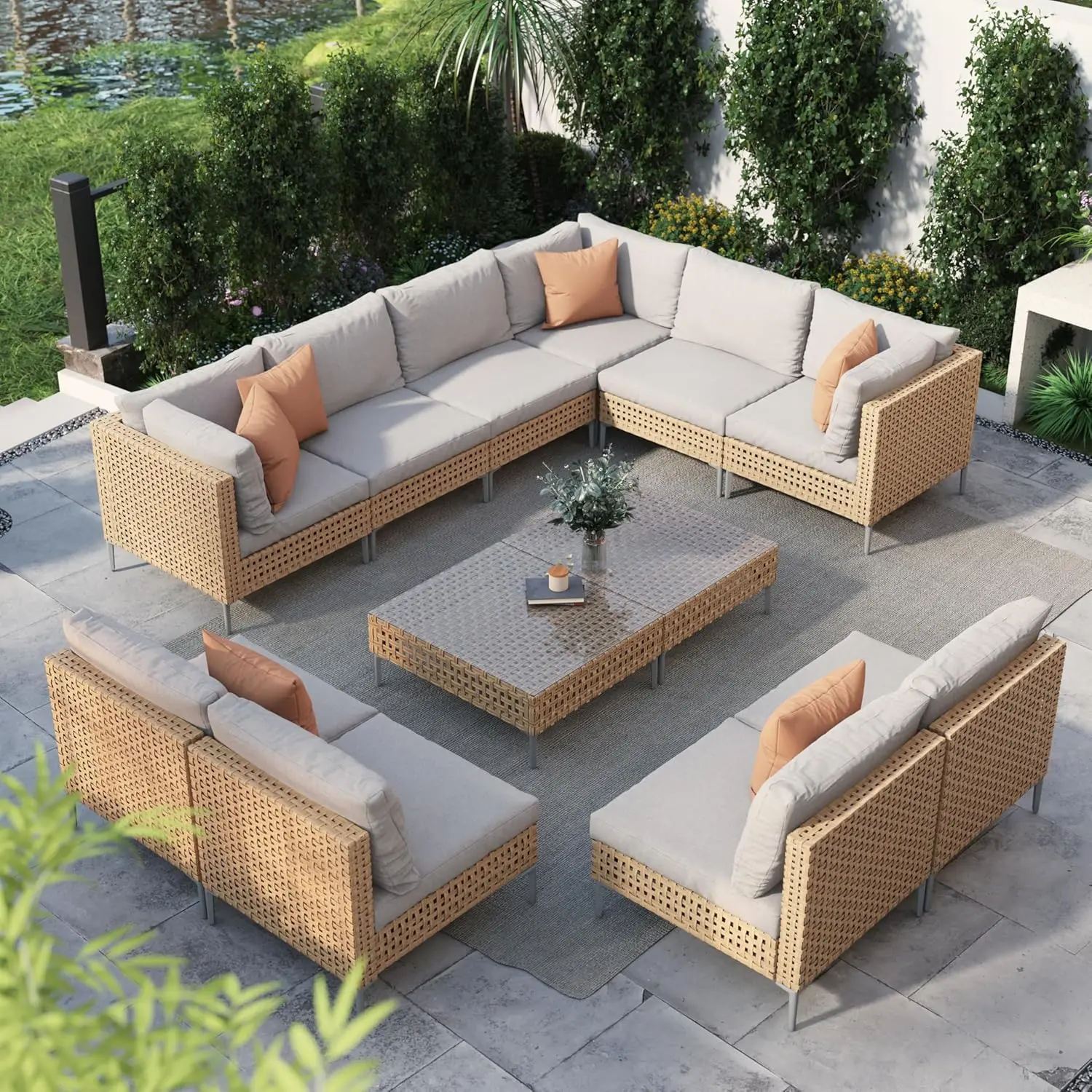 12-Piece Wicker Patio Furniture Set, Boho Set Sectional Sofa with Water Resistant Beige Thick Cushions and Coffee Table, Beige