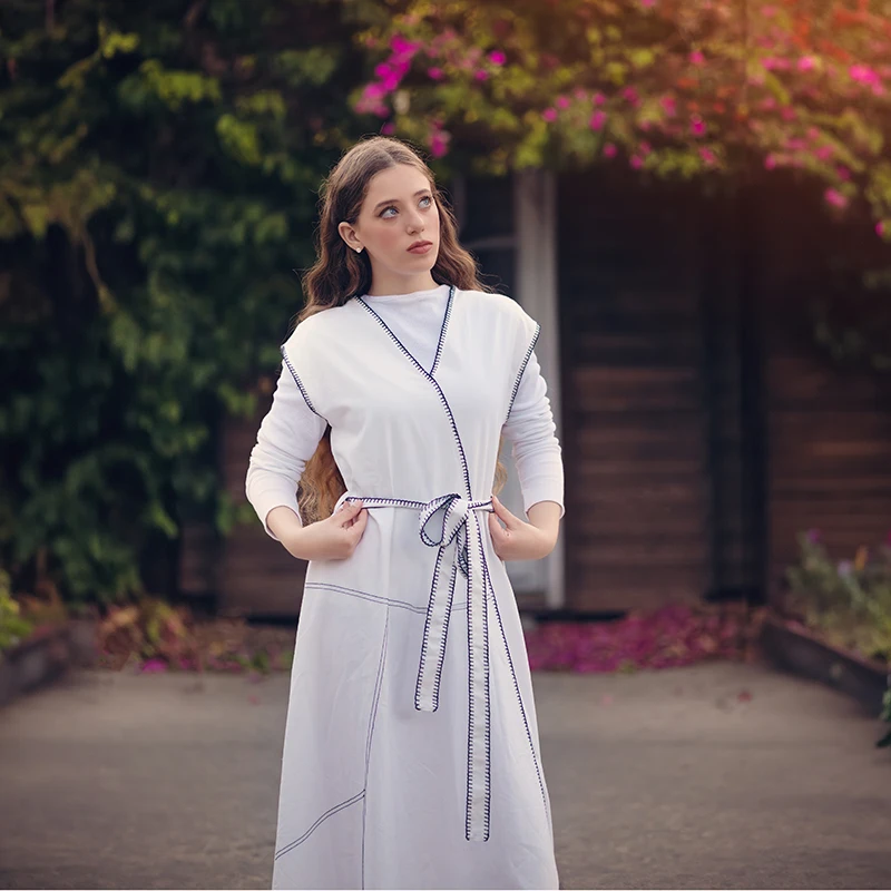 

Women wrap dress maxi white color with contrasted special decoration stitching girl sleeveless cotton linen fabric waist belt