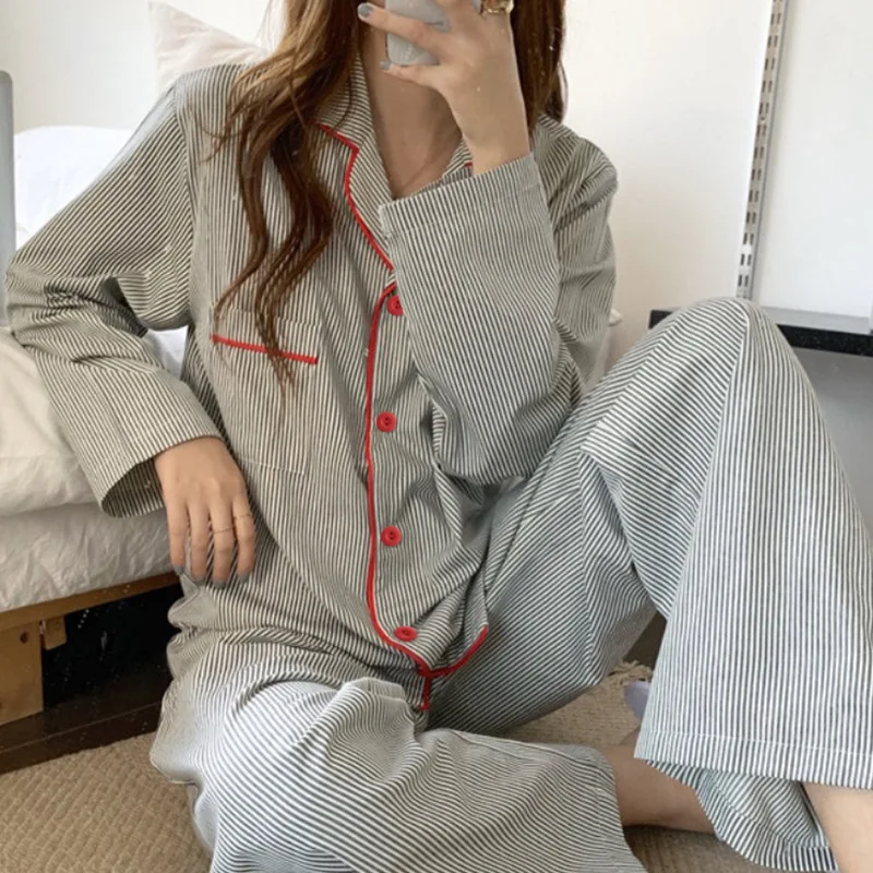 

Pajamas Women Simple Striped Long Sleeve Cardigan Loungewear Large Size 2 Piece Set Ladies Nightwear Tops and Pants