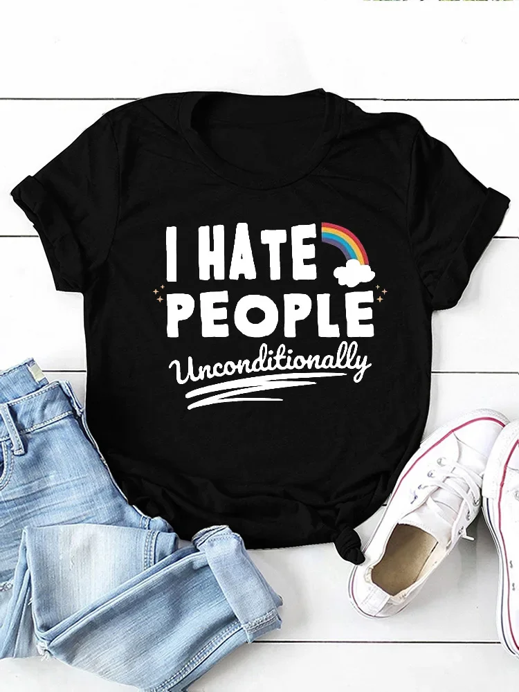 I Hate People Rainbow Print Women Tee Short Sleeve Crewneck Loose Women Tee Camisetas Mujer Minimalist Loose Clothing Clearance