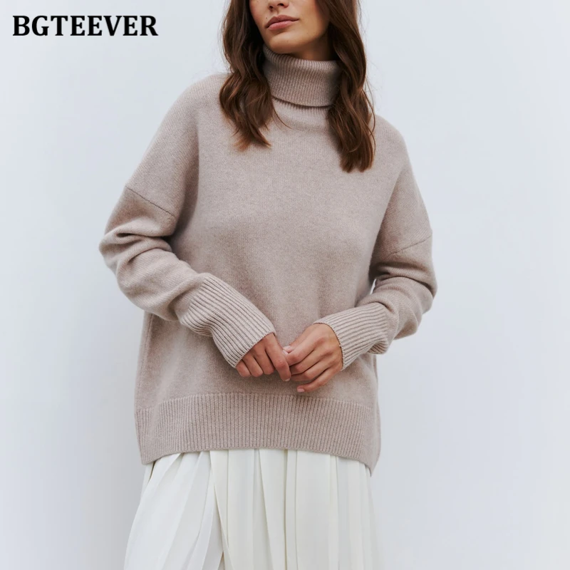 BGTEEVER Elegant Thicken Knitted Jumpers for Women Autumn Winter Stylish Warm Ladies Turtleneck Sweaters