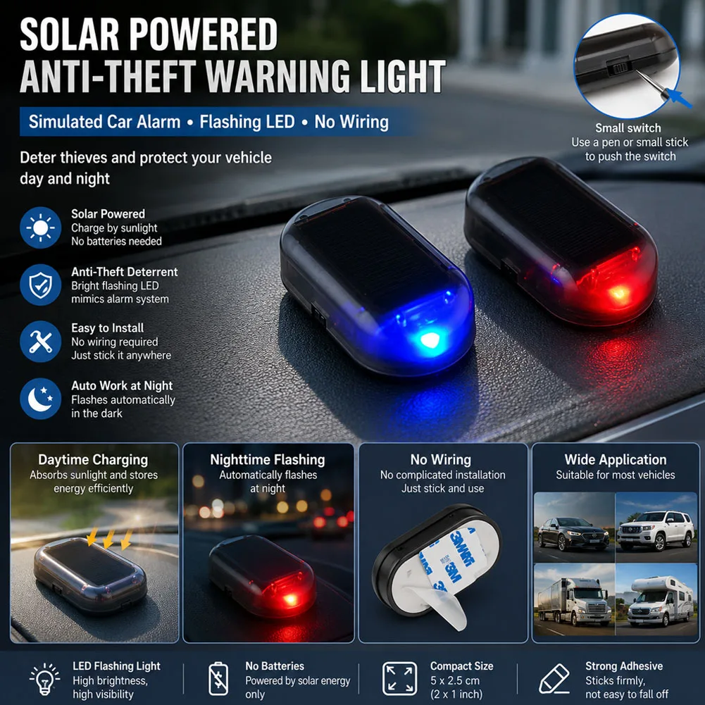 1/2/3pcs Mini LED Solar Car Warning Light Night Safety Simulation Alarm Anti-theft Warning Light Flashing False Alarm Lights