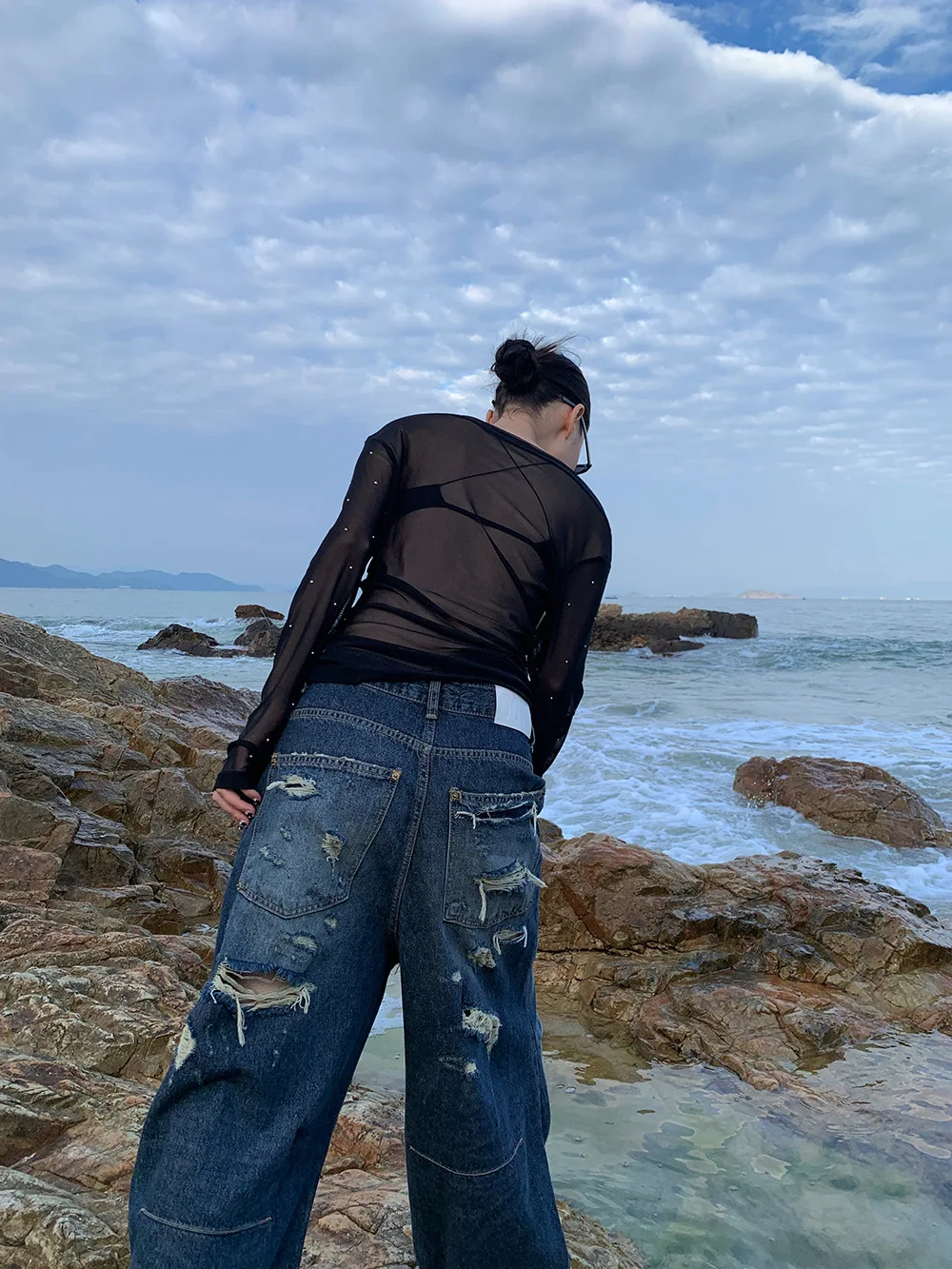 

Retro High Waist Wide Leg Jeans Women's Spring 2025 Folded Hem Torn Denim Pants Casual Comfortable Loose Fit Blue Jeans