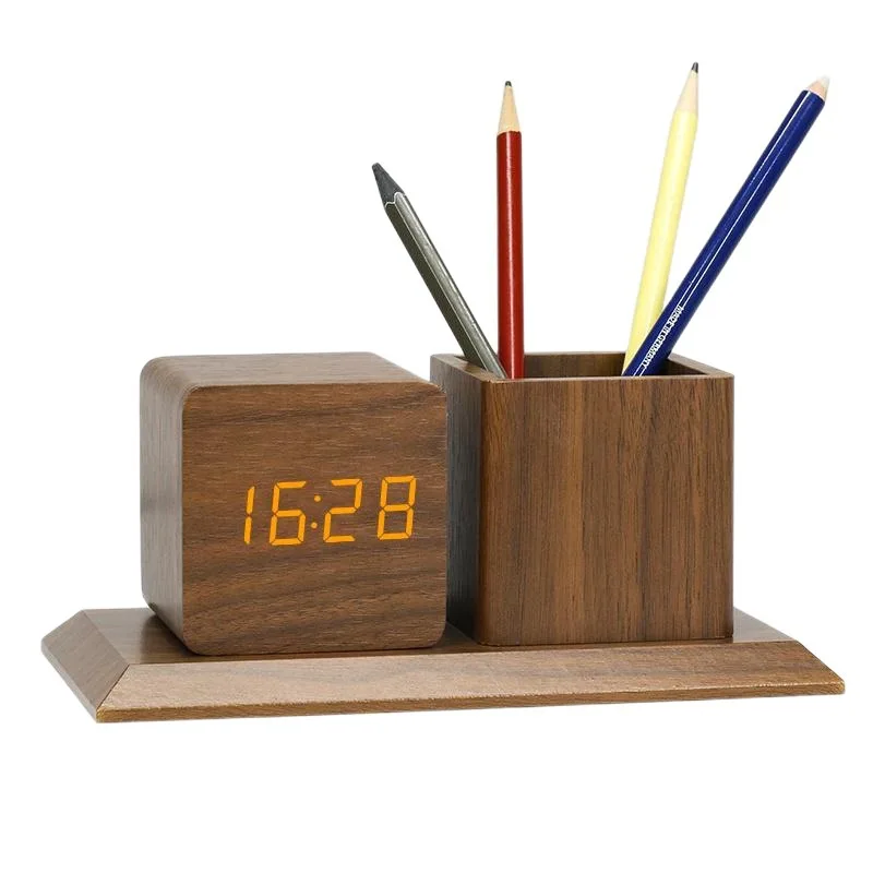 Creative Wooden Light Emitting Diode Voice-activated Electronic Desktop Clock Pen Holder, Multifunctional