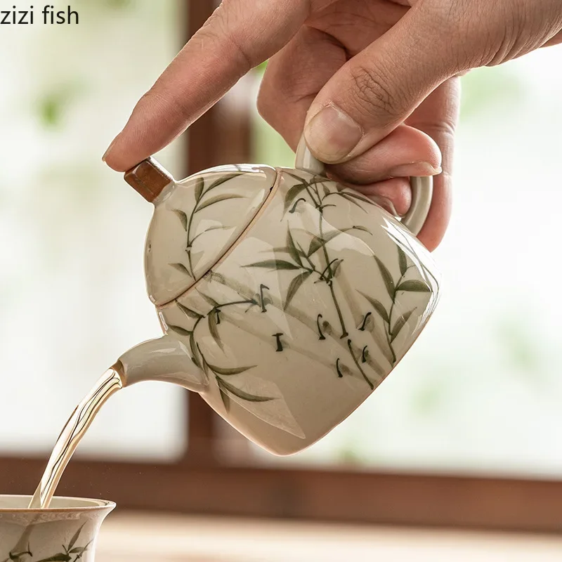 

Керамический чайник с бамбуковым узором, один горшок, чайный сервиз кунг-фу, чайник с фильтром, чайник, чайник, посуда для приготовления чая, инструмент для посуды