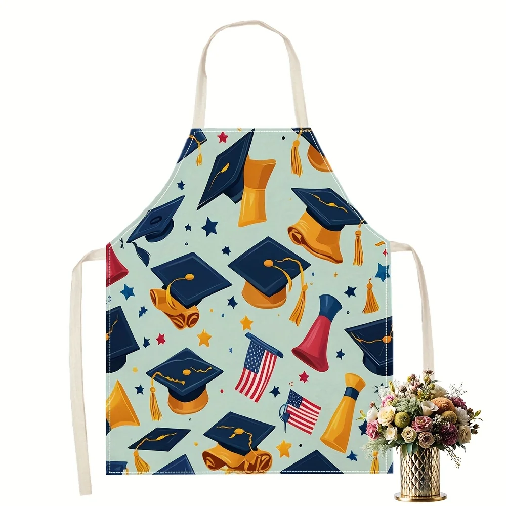 1pc Graduation Cap Apron Linen Kitchen Baking Chef Gift Graduation Print Adjustable Kitchen Apron For Women Men2D Flat