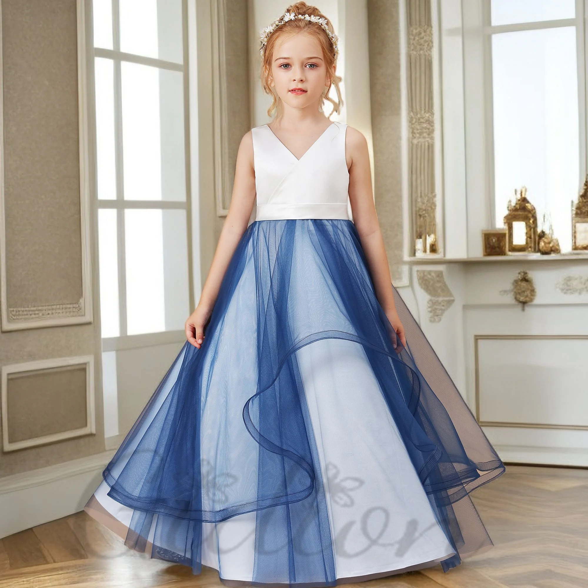 Ink-Blue Floor-Length Flower Girl Dress For Children Festivity Celebration Wedding Pageant Ball-Gown Ceremony Banquet Prom Event