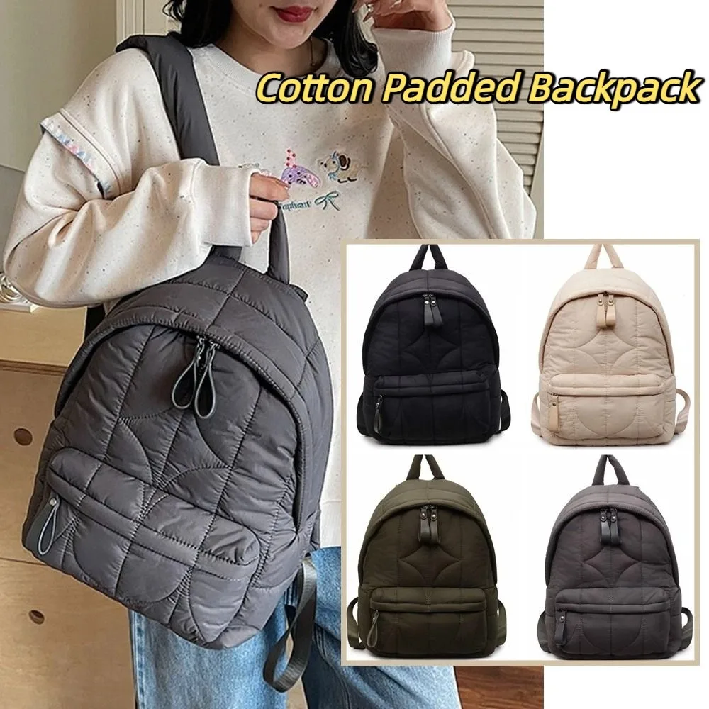 

Vintage Solid Color Padded Coat Backpack Cloud Nylon Space Cotton Shoulder Bag Pleated Large Capacity Student Schoolbag Daily