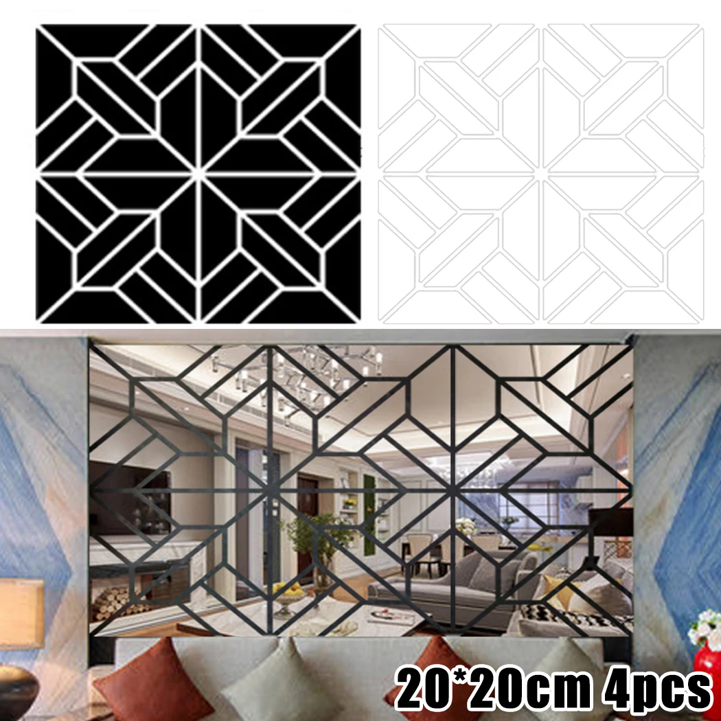 4Pcs 3D Mirror Wall Stickers with Mosaic Layout for Bedroom Living Room Interior Design and Spatial Perception Boost
