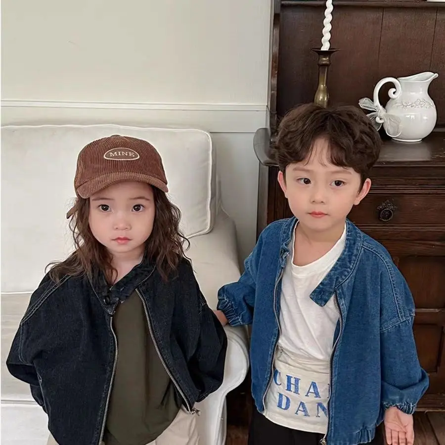 2-11Y Girls Boys Autumn Coats 2025 New Korean Fashionable Casual Daily Solid Color Zipper Long Sleeve Denim Spring Outerwear