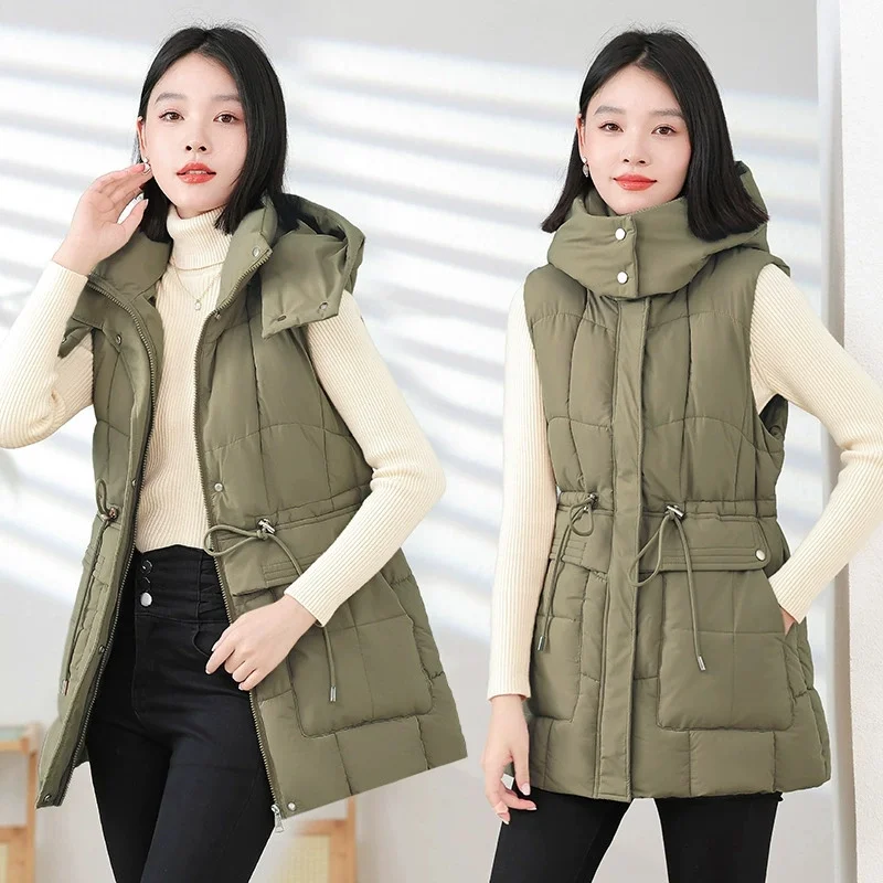 

Mid-Long Down Cotton Vest Women Autumn Winter Coat New Zipper Outerwear Thick Sleeveless Jacket Female Waistcoat Chaleco Mujer