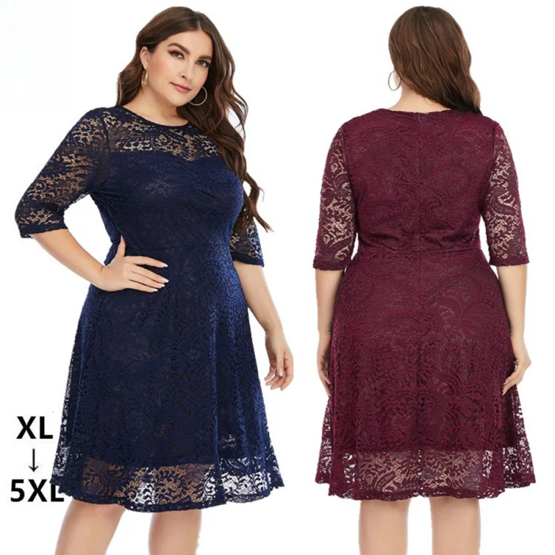 

2024 Spring Summer New European and American plus Size Women's Clothes round Neck Lace Mid-Length Formal Dress