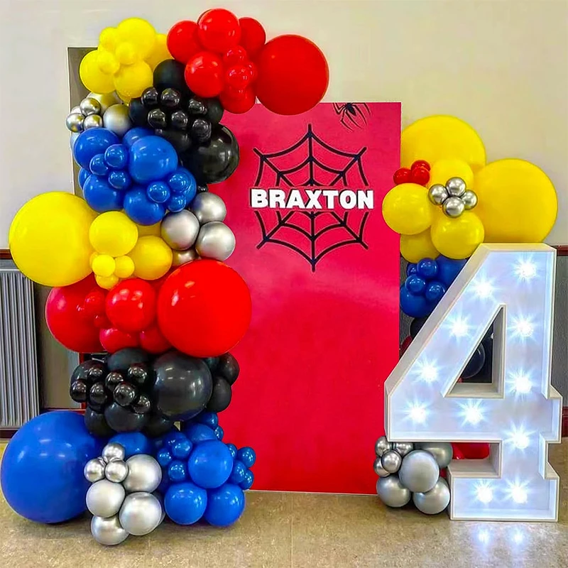 144Pcs Red Blue Yellow Black Balloon Garland Kit with Metallic Silver Balloons for boys girls Birthday Party Background Decor