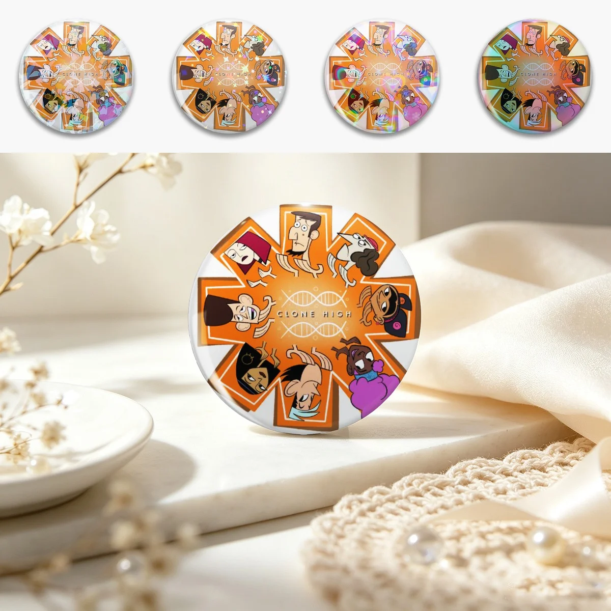 Clone High “ Sincerity Circle “ Pin Holographic Star Heart Pin Brooches Laminated Button Fashion Accessory