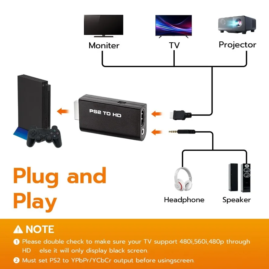 محول PS2 إلى HDMI مع مخرج صوت 3.5 ملم بلاي ستيشن 2 إلى محول متوافق مع HDMI متوافق مع جميع موديلات PS2