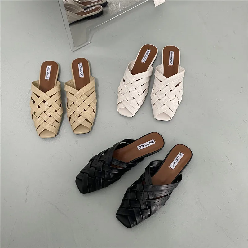 Cover Toe Mules For Women 2024 Shoes Female Slippers Low Slides Fashion Square New Flat Luxury Fabric Hoof Heels Rome PU Spring