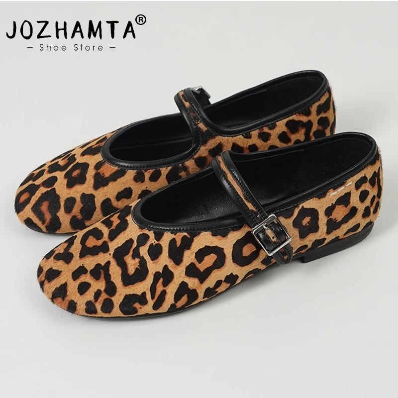 JOZHAMTA Sizw 34-40 Women Leopard Flats Shoes Casual Bellats Buckle Strap Low Heels Shoes Office Round Toe Classic Daily Dress