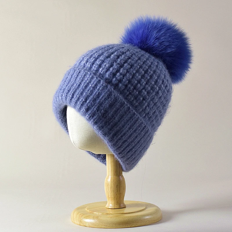

Hat Pompom Women Winter Knit Beanie Real Fox Fur Autumn Warm Skiing Accessory For Sports Outdoors