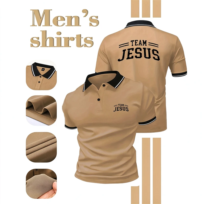 Faith Meets Sporty Style with Team Jesus Back Print Men's Short Sleeve Polo Contrast Trim Collar Casual Christian Streetwear Top