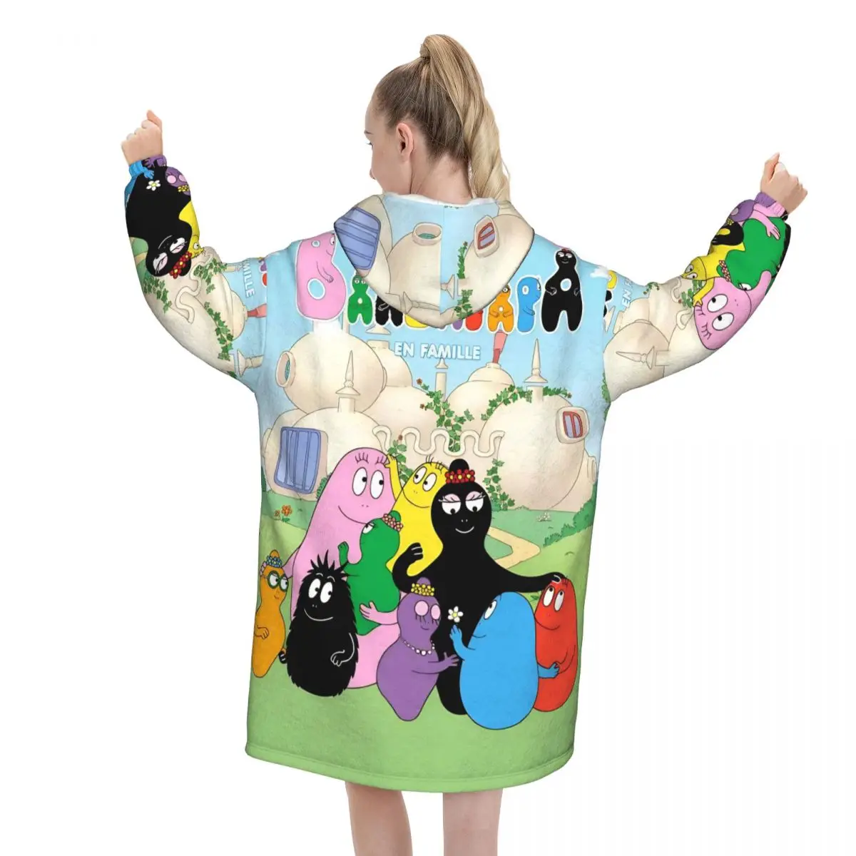 Kawaii Barbapapa الكرتون بطانية هوديي يمكن ارتداؤها بطانية كبيرة مع جيب كيس النوم الدافئة لينة مريحة نيسيي