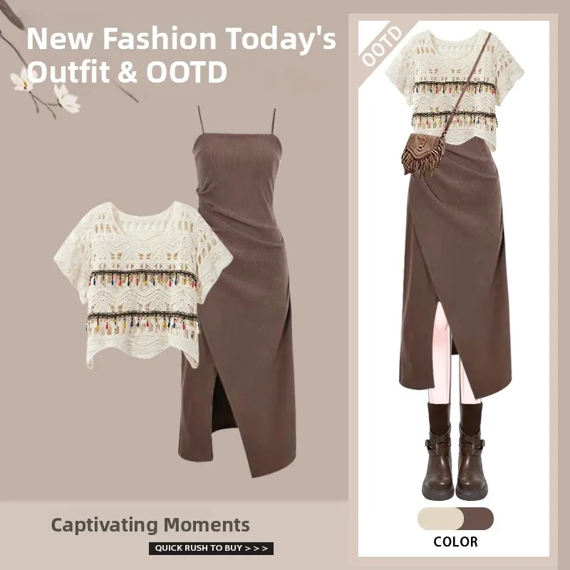 Estate vintage da donna Design Sense etnico Sle scava fuori Cover up Top cinturino asimmetrico Dr set da due pezzi gonna a trapezio