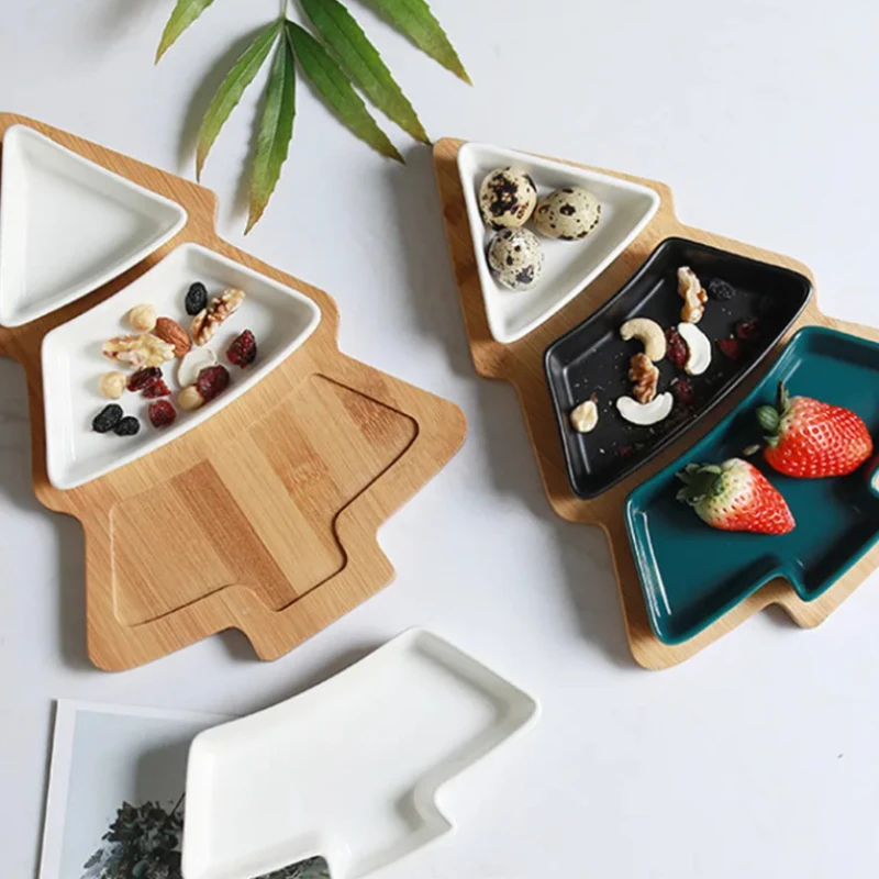 

Christmas Tree Plates Dishes Ceramic Bamboo Tray Snack Serving Plate Full Set Fruit Bowl Dish Plate Tableware Breakfast Tray