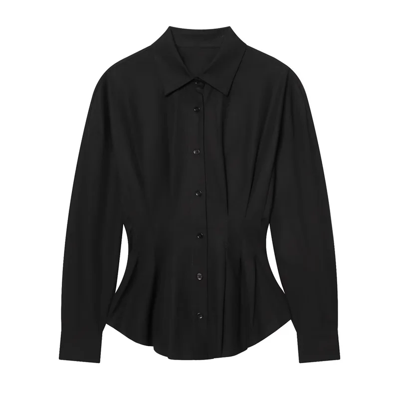 

Women's Shirt 2026 Spring New Black Long Sleeve Waist-Cinching Shirt with Decorative Pleats Slim Fit Elegant and Fashionable