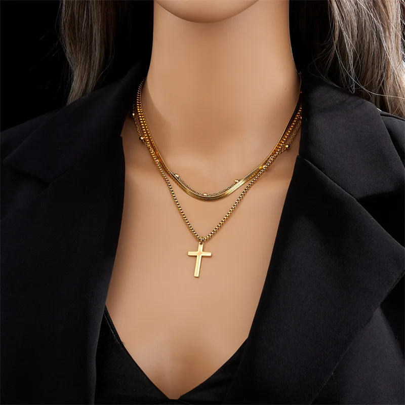 

Women Simple Multi-layer Cross Pendant Necklace Titanium Steel Metal Hip-hop Fashion Versatile Niche Chain Necklace Dropshipping