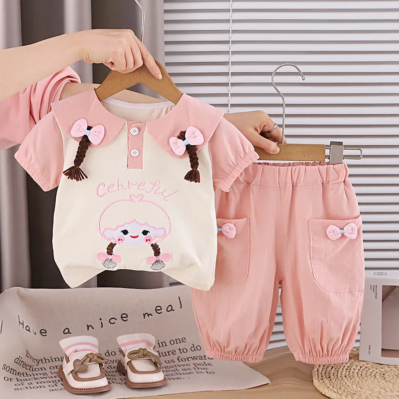 Baby Summer Sweet Cute Clothes Suits Kids Girls Embroidery Pattern Tshirt+ Pants 2Pcs Outdoor Clothes for Chidren Fashion Outfit