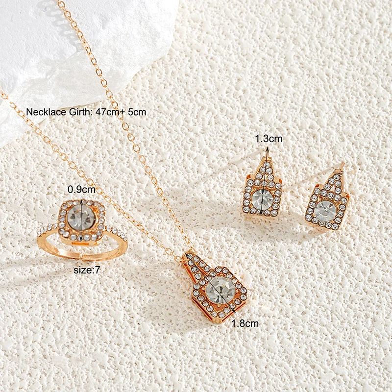 3Pcs/set Luxury Fashion Temperament Square Zircon Earrings Necklace Ring For Women Girls Bride Wedding Banquet Jewelry Set Gifts