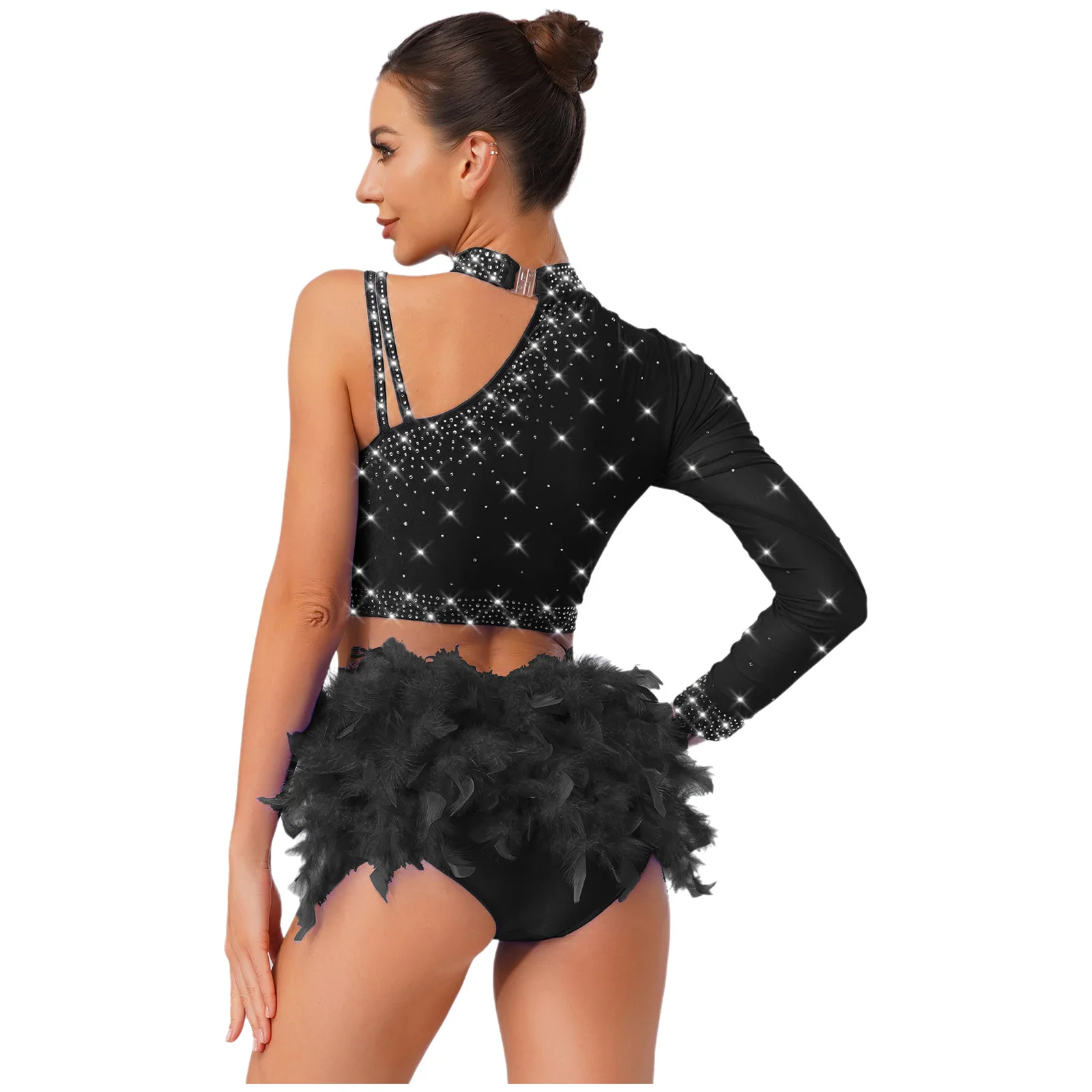 Womens Latin Jazz Dance Outfits 2-piece One Shoulder Long Sleeve Crop Top+Feather Briefs for Belly Dance Chacha Tango Dancewear
