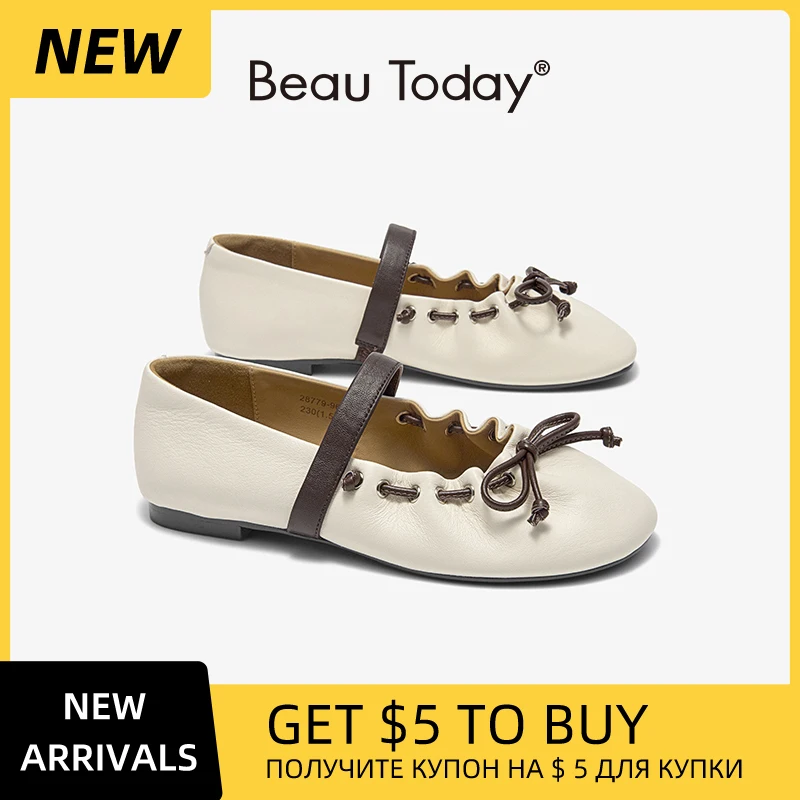 

BEAUTODAY Sweet Ballets Women Soft Sheepskin Leather Round Toe String Bowknot Decoration Ladies Mary Jane Shoes Handmade 28779