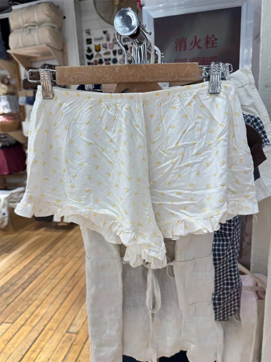 Little Yellow Duck Ruffles 반바지 여성 여름 신축성있는 허리 코튼 스트레이트 짧은 바지 Sweet Home Pajama New Y2k Sweatshorts