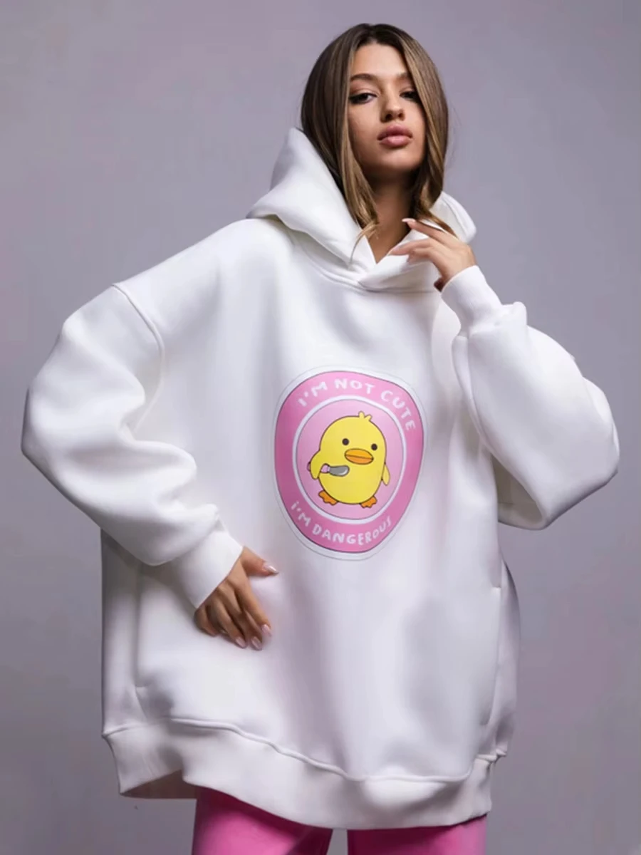 Autumn Winter Womwn Oversized Hoodie Warm Sweatshirt Three Duck Print Loose Casual Sport Fashion Hooded Unisex Hooded Streetwear