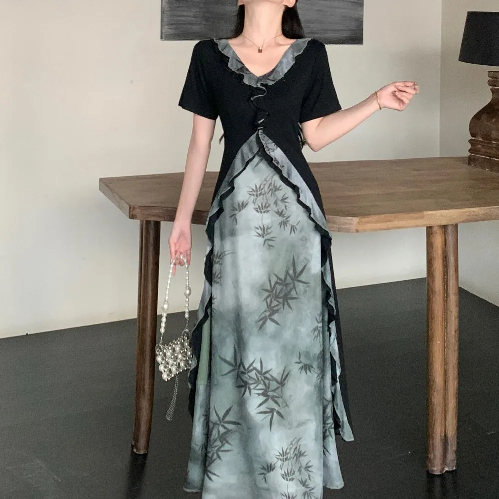 

Elegant Vintage short sleeve Spliced print Fake two-piece fairycore Chic Dresses Evening High Street Plus Size women clothing