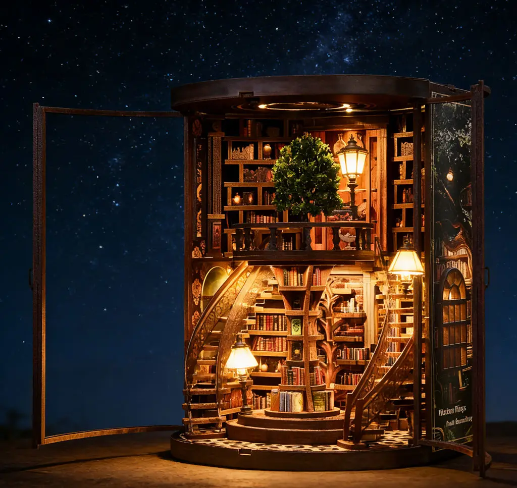 Nowość: Zestaw DIY Wisdom Ring Book Nook - Drewniany model biblioteki 3D, ręcznie robiona scena z podpórką na książki i kreatywna zabawka konstrukcyjna