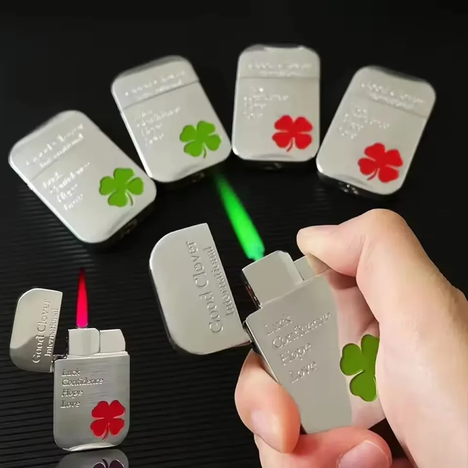 Lucky Clover Creative Lighter Windproof Red Flame Lighter Fast Delivery High Value Green Flame Cool Gift Smoking Accessories ﻿