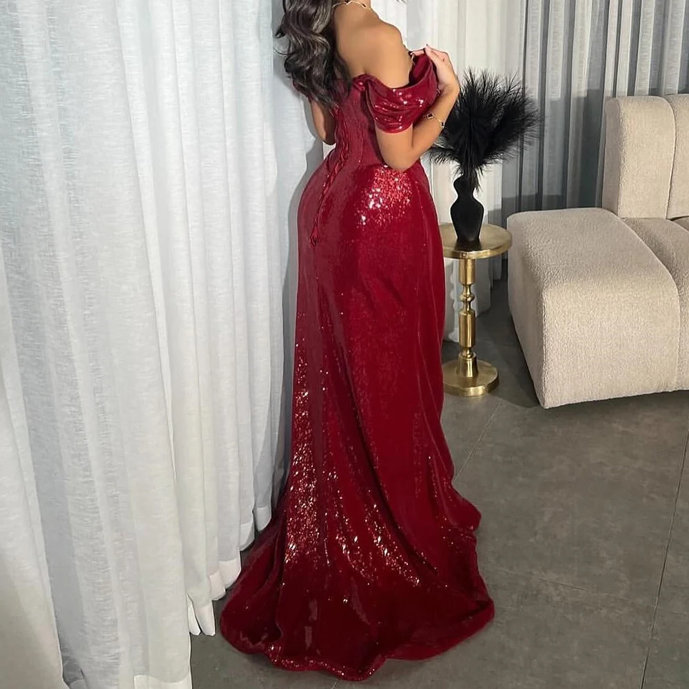 Customized Satin A-Line Off the Shoulder Evening Dress Strapless Floor Length Lace Up Back Short Sleeves Panel Train Burgundy