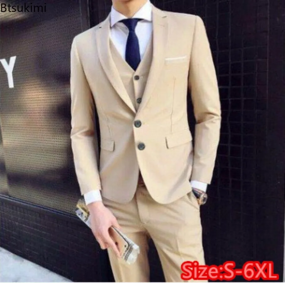 Fashion Korean Plus Size 6XL Suits Sets Men's Solid Slim Formal Blazer Jacket Vest Pants 3 Piece Sets Men Business Party Outfits