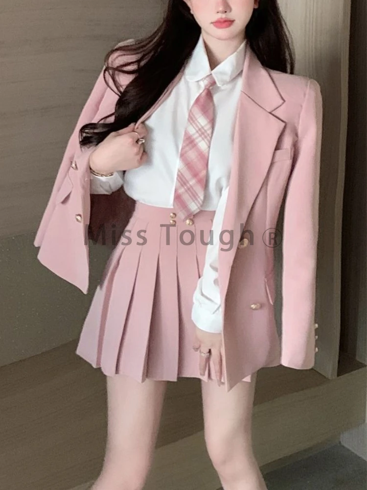 Pink Sweet Jk Uniform 3 Piece Set Women College Style Kawaii Patchwork Suit Girl Elegant Coat + Pleated Skirt +solid Shirt Set